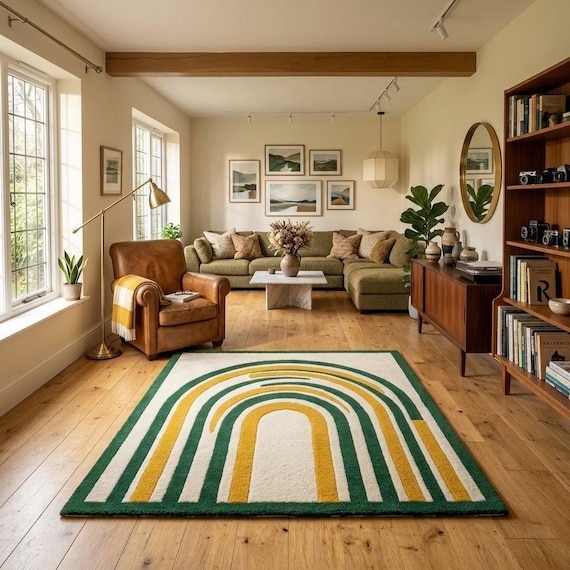 Hand Tufted Rainbow Rug, Mid Century Modern Wool Area Rug, Green Gold Abstract Nursery Living Room Rug Custom Size