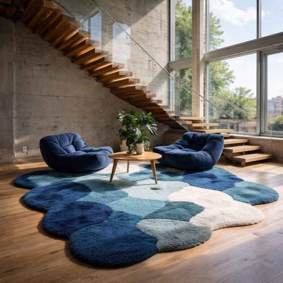 Hand Tufted Wool Area Rug: Blue Green Organic Shape, Mid Century Modern