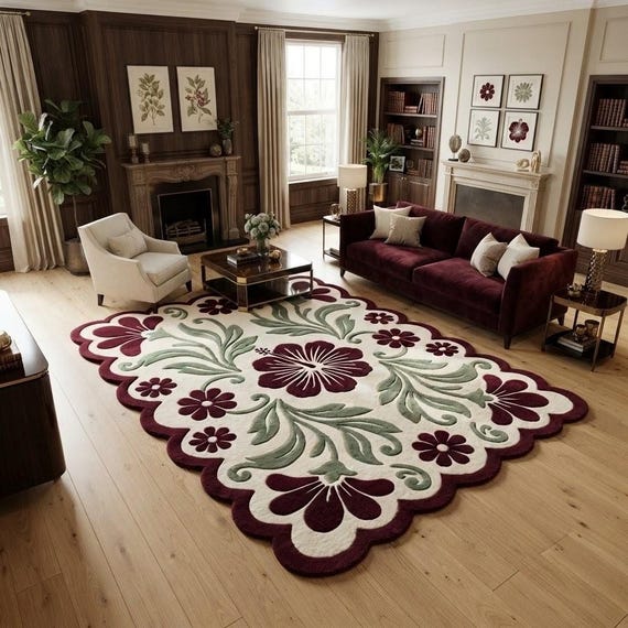 Floral Hand Tufted Wool Rug, Burgundy Sage Green Cream Vintage Inspired Area Rug for Living Room Bedroom, Custom Size Available