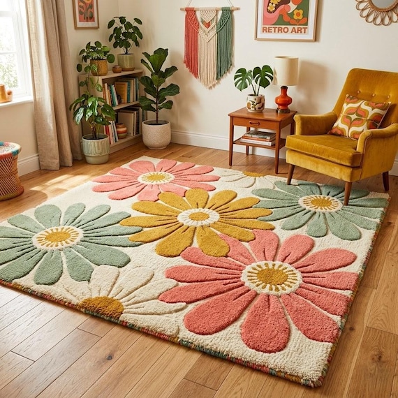 Retro Daisy Rug Hand Tufted Wool | Large Floral Area Rug Pink Yellow Green | Mid Century Modern Bohemian Decor | 8x10 9x12 Custom