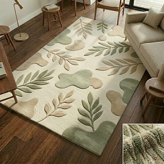 Sage Green Botanical Rug, Hand Tufted Wool Area Rug, Neutral Beige Modern Boho Leaf Carpet for Living Room Bedroom Nursery, Custom Size