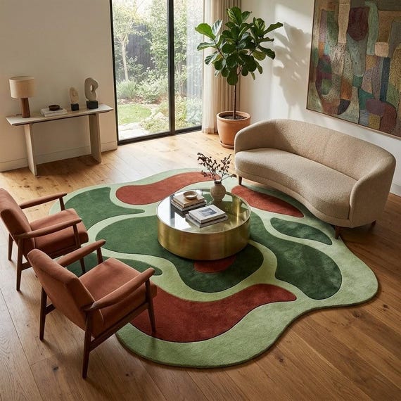 Abstract Green Wool Rug, Hand Tufted Modern Organic Shape Rug, Mid Century Style Area Rug for Living Room Nursery, Custom Size Available