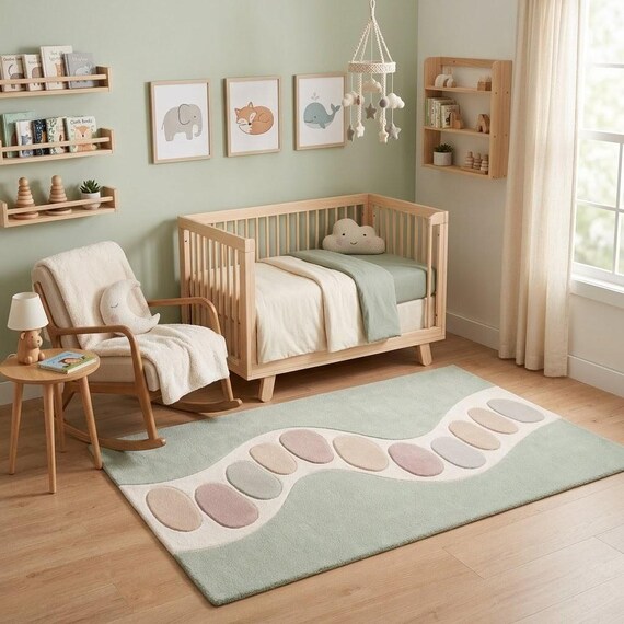 Modern Wavy Area Rug Hand Tufted Wool Sage Green Pastel Pebble Design Soft Plush Nursery Living Room Decor 5x8 8x10 9x12 Custom Size