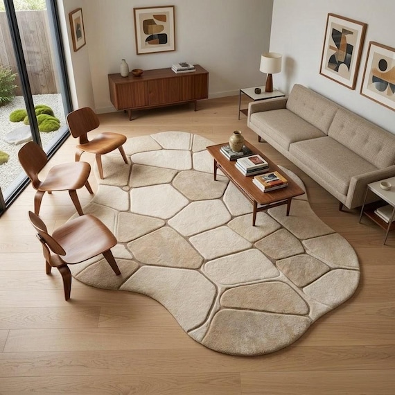 Organic Pebble Wool Rug Japandi Stone Pattern Hand Tufted Beige Cream Luxury Area Rug Zen Modern Living Room Rug 8x10 9x12 Custom Size
