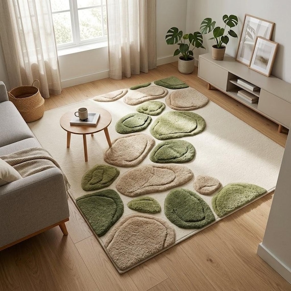 Abstract Stone Pattern Rug Modern Organic Wool Green Beige Hand Tufted Plush Luxury Area Rug Soft Living Room Decor Custom Size 8x10 9x12