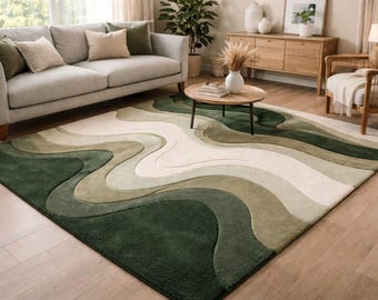Hand-Tufted Wool Blend Rug, Sculptural Green Landscape Design