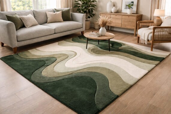 Hand-Tufted Wool Blend Rug, Sculptural Green Landscape Design