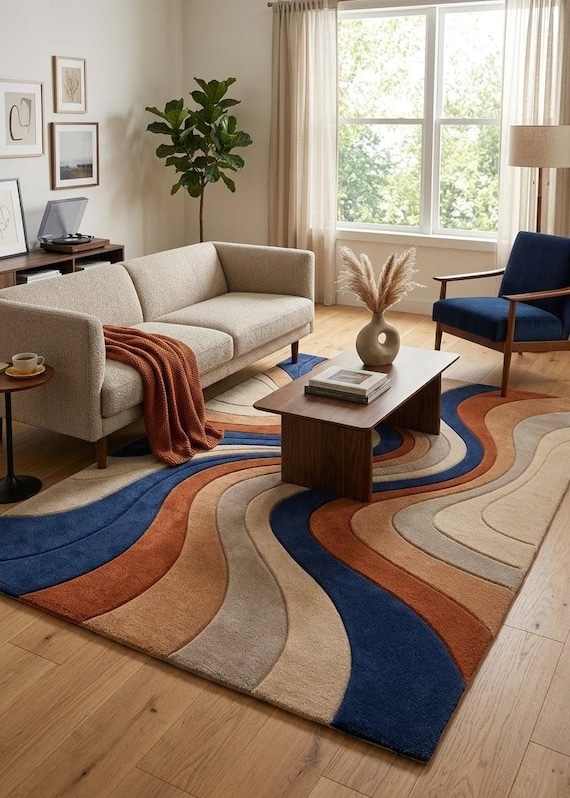 Hand Tufted Wool Abstract Rug, Mid Century Modern Wavy Pattern Carpet (Custom Size)