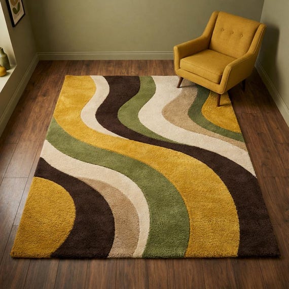 Abstract Mid Century Modern Wool Area Rug Green Mustard Brown Hand Tufted Plush Decor for Living Room 8x10 9x12 Custom Size