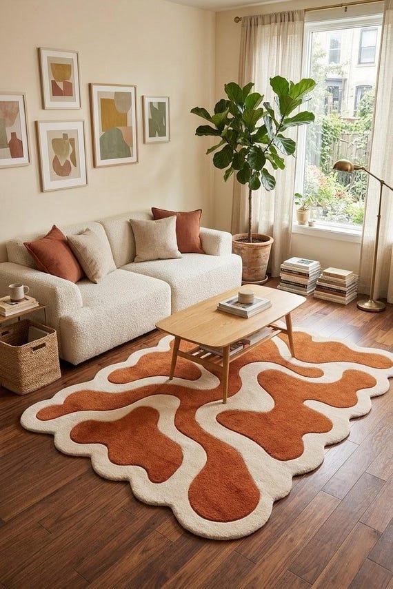 Abstract Wool Rug, Hand Tufted Organic Shape Area Rug, Rust Orange Cream