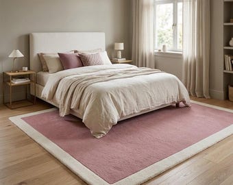 Handmade Wool Rug, Modern Minimalist Pink  Cream Border Area Rug, Soft Tufted Living Room Floor Carpet, Custom Size Available