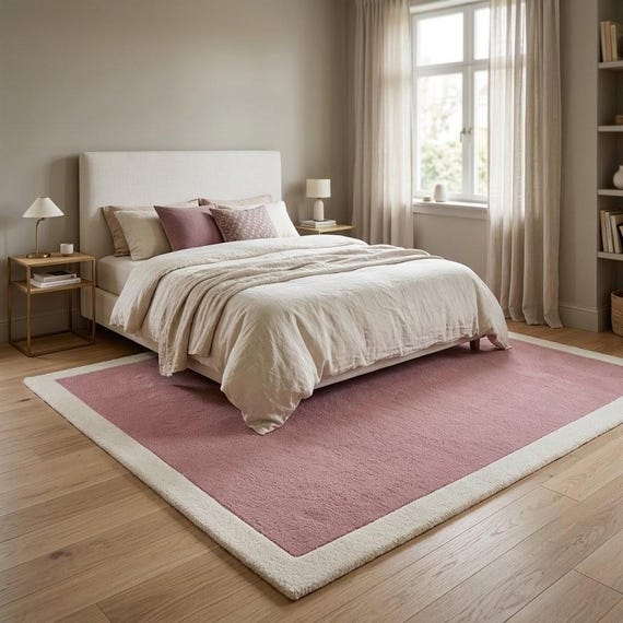Handmade Wool Rug, Modern Minimalist Pink  Cream Border Area Rug, Soft Tufted Living Room Floor Carpet, Custom Size Available