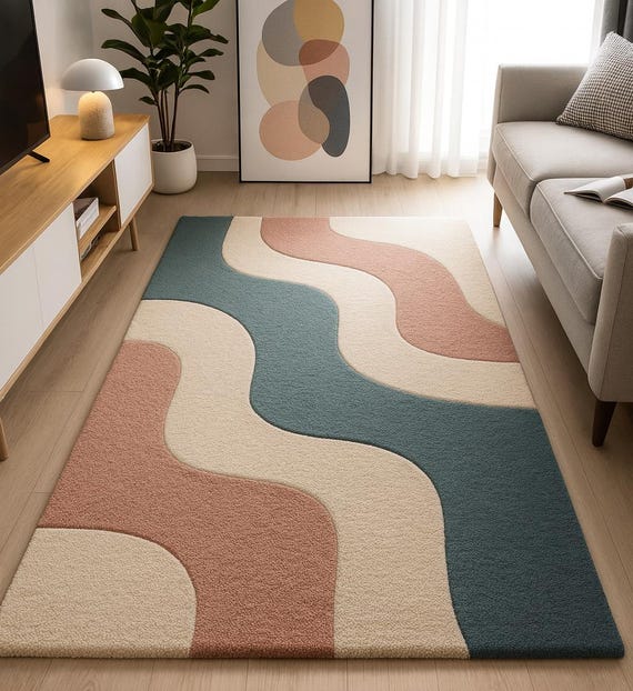 Hand-Tufted Wool Rug – Modern Wave Design, Pastel Nordic Carpet