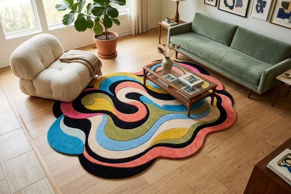 Abstract Wavy Wool Rug, Hand Tufted Plush Carpet, Modern Kids Room Area Rug