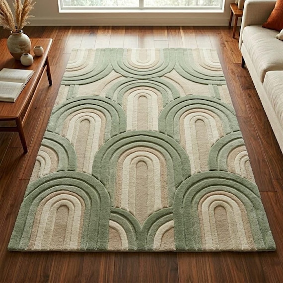 Geometric Wool Area Rug Mid Century Modern Green Beige Tufted Plush Luxury Soft Living Room Carpet 8x10 9x12 Custom Size