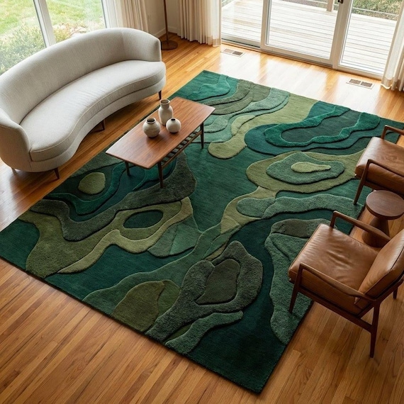 Green Abstract Wool Area Rug Mid Century Modern Hand Tufted New Zealand Wool Plush Carpet 8x10 9x12 Custom Size