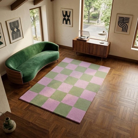Hand-tufted Wool Checkerboard Rug, Pink and Green Modern Area Carpet