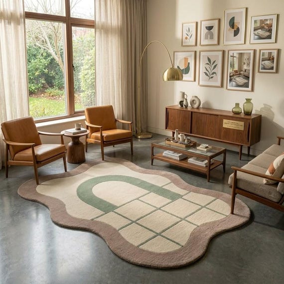 Modern Hand Tufted Wool Rug, Abstract Mid Century Area Rug in Sage Green & Beige for Living Room, Custom Size Available