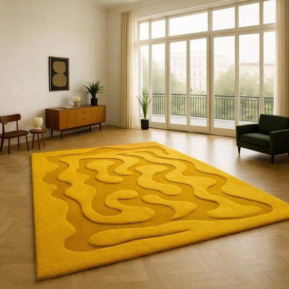 Handcrafted Mustard Yellow Textured Abstract Rug Modern Minimal Living Room Statement Carpet Home Decor
