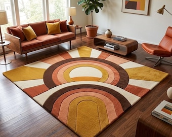 Tapete de lã tufado à mão com estampa de arco-íris e raios de sol, decoração boho moderna de meados do século.