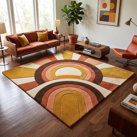 Hand Tufted Wool Rainbow Sunburst Rug, Mid Century Modern Boho Decor