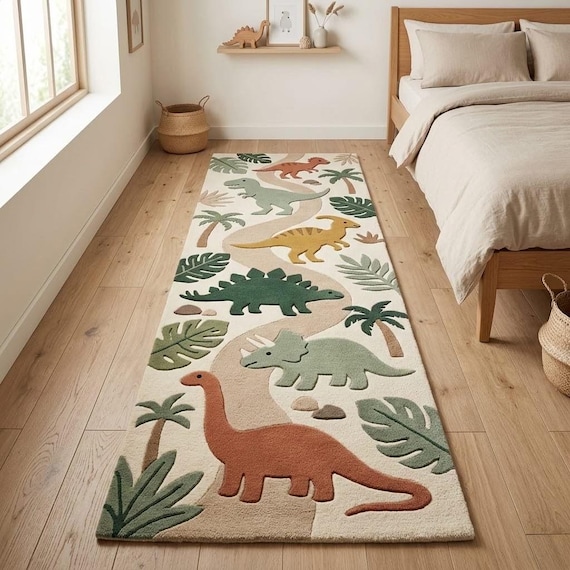 Hand Tufted Wool Dinosaur Nursery Runner Rug, Sage Green Jungle Playroom Decor