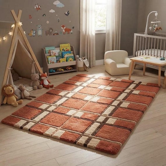 Mid-Century Modern Geometric Wool Rug – Burnt Orange, Cream Hand-Tufted Carpet
