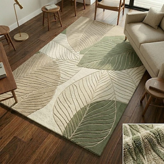 Hand-Tufted Wool Botanical Leaf Rug – Sage Green Mid-Century Living Room Carpet