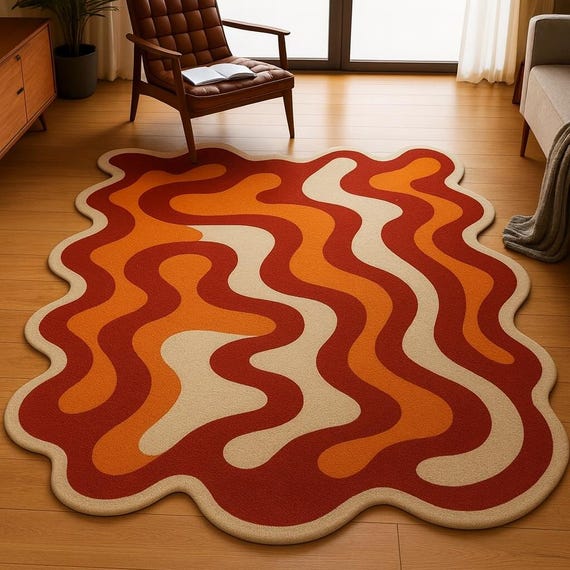 Hand-Tufted Wool Area Rug – Retro Wavy, Orange Cream Mid-Century Modern Carpet
