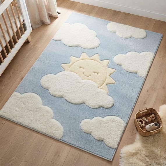 Sun and Clouds Nursery Rug, Whimsical Baby Blue Area Rug, Soft Textured Wool Tufted Rug, Playroom Decor, Kids Room Rug, Custom Size