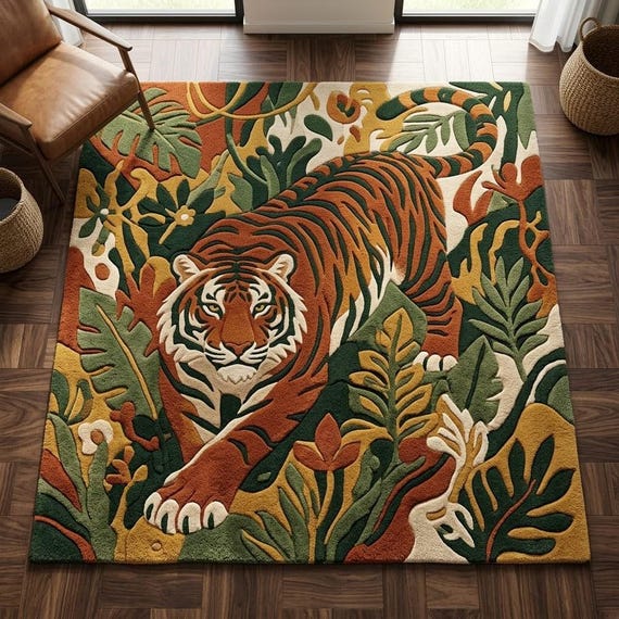 Botanical Tiger Hand Tufted Wool Rug, Abstract Jungle Maximalist Decor for Living Room & Bedroom, Earth Tones Rug, Custom Size Available