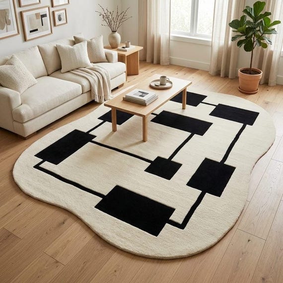 Modern Abstract Wool Rug, Black and White Geometric, Organic Shaped Art Carpet (Custom Size)