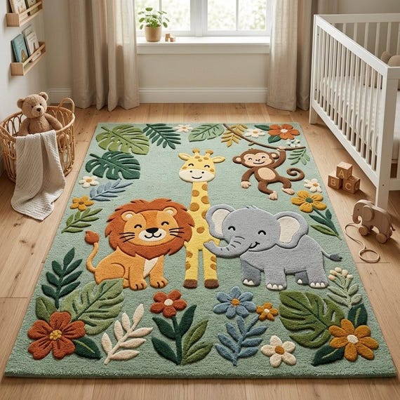 Cute Safari Animals Nursery Rug - Hand Tufted Wool Sage Green Kids Playroom Area Rug, Jungle Theme Baby Shower Gift - Custom Size Available