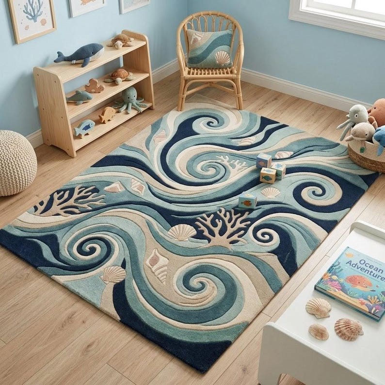 Ocean Wave Rug Coastal Wool Rug Hand Tufted Blue Beige Area Rug Modern ...