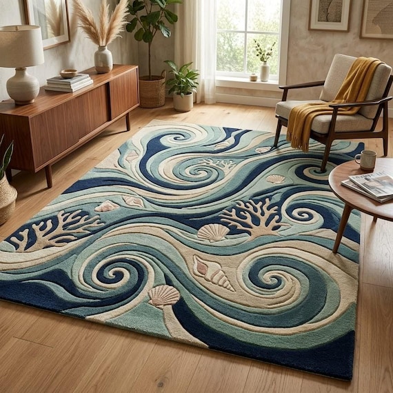 Ocean Wave Rug Coastal Wool Rug Hand Tufted Blue Beige Area Rug Modern Beach House Decor Living Room Nursery Rug Custom Size