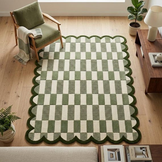 Scalloped Green Checkered Rug, Handmade Wool Area Rug, Organic Modern Japandi Rug, Luxury Tufted Carpet, 8x10 9x12 Custom