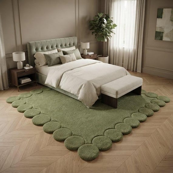 Scalloped Area Rug, Sage Green Wool Rug, Organic Modern Hand Tufted Plush Rug for Living Room Bedroom, Custom Size Available