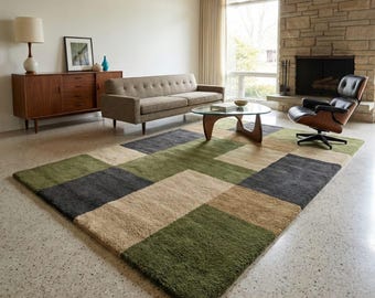 Mid Century Modern Geometric Wool Rug – Hand Tufted Plush Carpet
