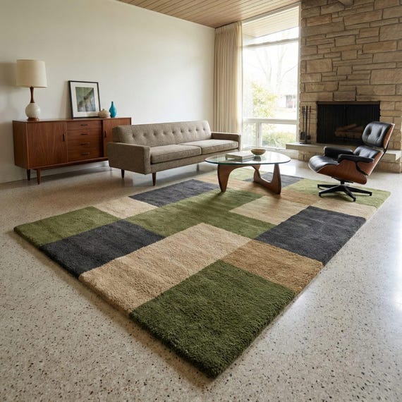 Mid Century Modern Geometric Wool Rug – Hand Tufted Plush Carpet