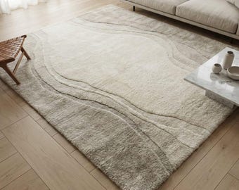 Hand Tufted Wool Blend Area Rug: Modern Organic Beige Cream Plush Carpet