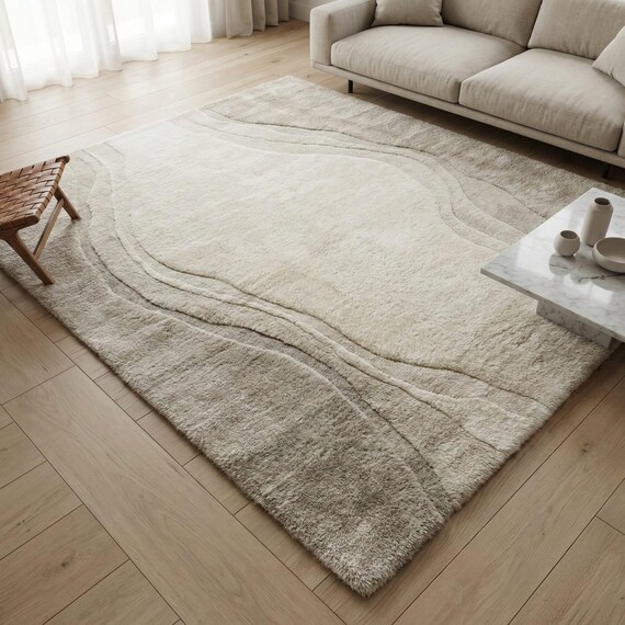 Neutral Wool Area Rug Modern Organic Hand Tufted Beige Cream Plush Luxury Living Room Carpet 8x10 9x12 6x9 Custom Size