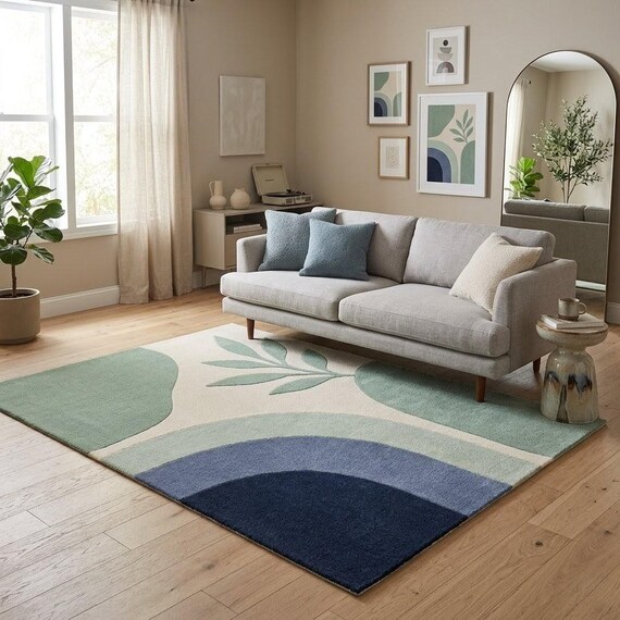 Mid Century Modern Abstract Rug Sage Green Blue Geometric Wool Hand Tufted Minimalist Living Room Rug Scandinavian Style Custom Size
