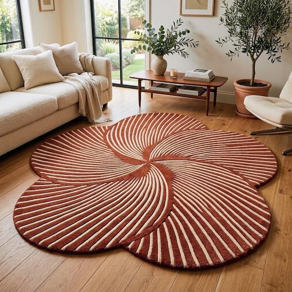Hand Tufted Wool Flower Rug, Terracotta Cream Abstract Rug, Modern Scalloped Carpet for Living Room, Bedroom, Custom Size Available