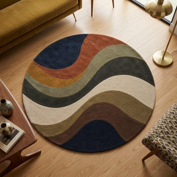 Hand-tufted Wool Round Rug, Organic Modern Abstract Waves, Mid Century Carpet