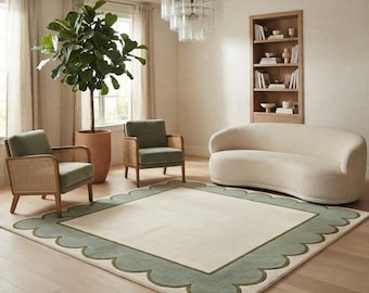 Alfombra verde salvia con borde festoneado, alfombra moderna de lana, alfombra minimalista para sala de estar, alfombra estética con mechones para dormitorio, tamaño personalizado disponible.