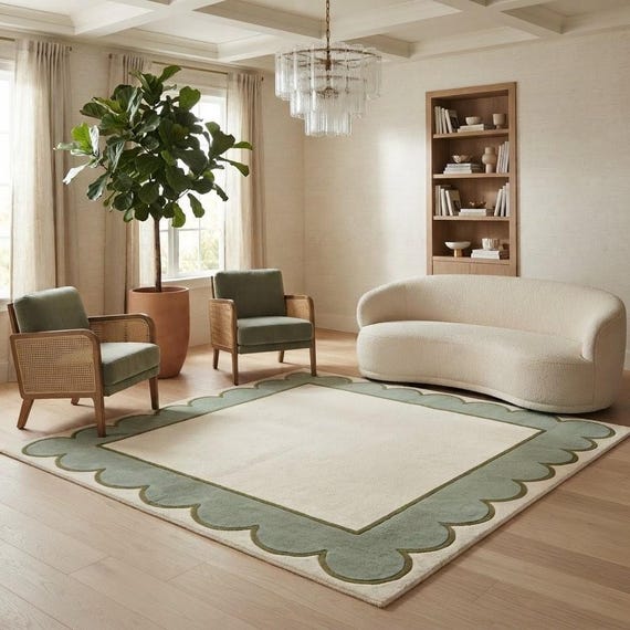 Sage Green Scalloped Rug, Modern Wool Area Rug, Minimalist Living Room Carpet, Aesthetic Tufted Bedroom Floor Mat, Custom Size Available
