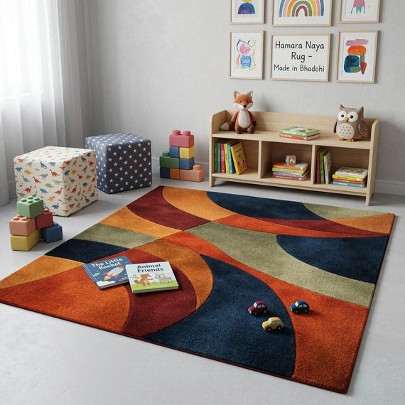 Mid Century Modern Wool Area Rug, Retro Abstract Geometric Colorful Living Room Rug, Hand Tufted Luxury Carpet 5x8 8x10 9x12 Custom Size