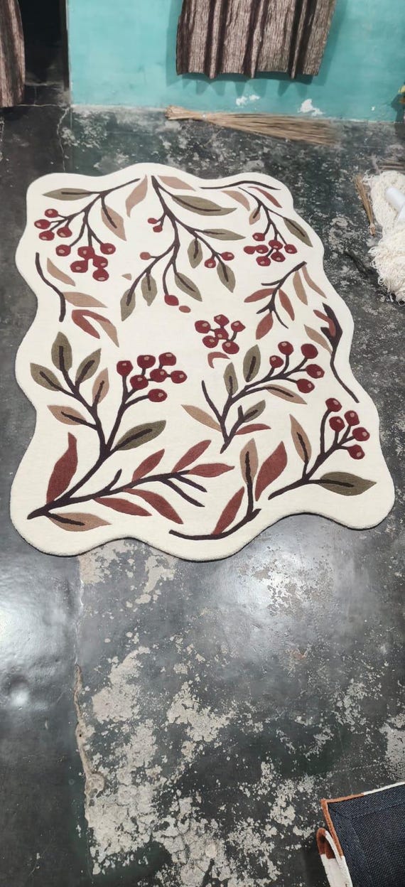 Hand Tufted Wool Rug, Botanical Floral Area Rug, Organic Shape Accent Rug, Modern Living Room Decor, Aesthetic Bedroom Rug, Custom Size