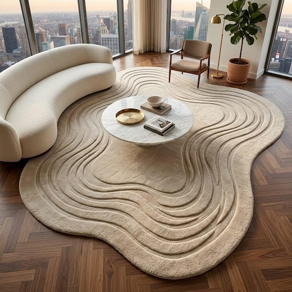 Organic Modern Wool Area Rug Hand Tufted Beige Sculpted Mid Century Luxury Carpet 8x10 9x12 Large Custom Size