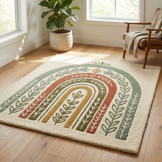 Hand Tufted Wool Rainbow Arch Rug, Botanical Nursery Decor, Earth Tone Sage Green